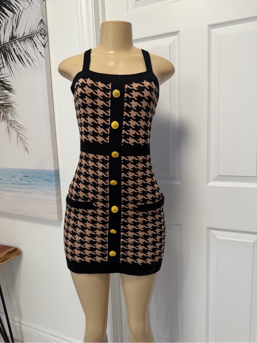 Houndstooth Knit Mini Dress in Black and Tan with Gold Buttons
